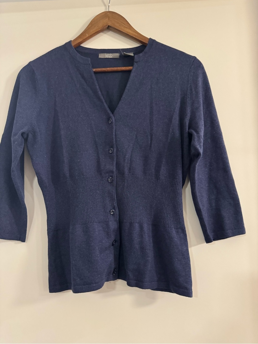Kersh Navy Button-Front Slim Waist Cardigan — 3/4 Sleeve size L